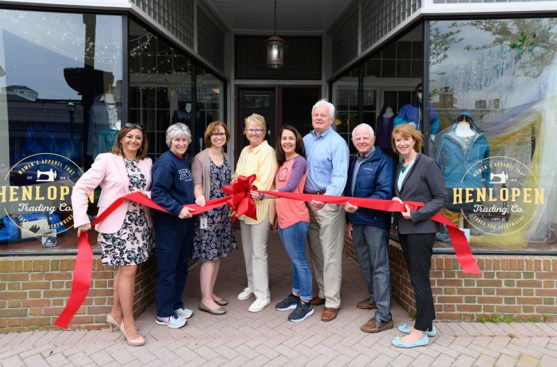 Ribbon cutting attendees shown are (l-r) Nikky Fisher, Lewes chamber vice president; Bonnie Osler, Lewes City Council; Ann Marie Townshend, Lewes city manager; Jenny Donahue and Darica Ward, owners; Lewes Mayor Ted Becker; Dennis Reardon, Lewes City Council; and Betsy Reamer, Lewes chamber executive director. BROOK HEDGE PHOTO